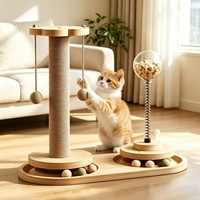 Arbre à gratter multifonctionnel moderne en bois pliable pour chat, avec labyrinthe interactif à billes, balles de sisal suspendues et jouets à ressort