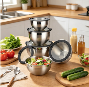 Ensemble de 3 bols à mélanger en acier inoxydable de qualité supérieure, bols à salade en métal avec couvercle en verre - Product Image 1