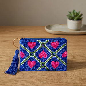Handmade Cotton Beaded Square Coin <b>Purse</b> Blue <b>Pink</b> Heart Pattern Embroidered Zipper Pouch Tassel Travel Fashion Accessory Jaunty - Product Image 1