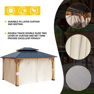 Gazebo en bois massif brun avec revêtement PVC pour l'extérieur, rideaux d'intimité imperméables, <span class=keywords><strong>moustiquaire</strong></span>, toit rigide imperméable pour patio et jardin - Product Image 4