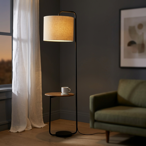 Lámpara de Pie Moderna de Madera con Estante Lateral, Lámpara LED con Pantalla de Tela para Sala de Estar o Dormitorio - Product Image 3