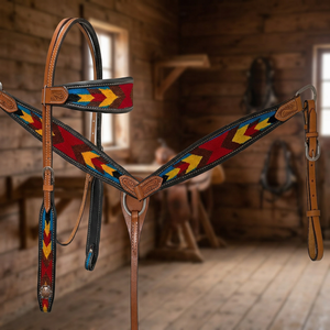 En gros, rênes, collier de poitrée et selle western en cuir véritable de qualité supérieure, durables, avec design croix perlée, style anglais - Product Image 2