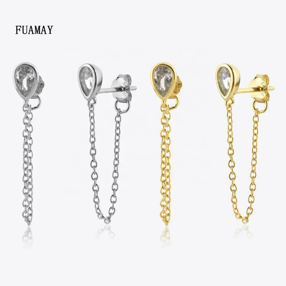FUAMAY Fashion 24mm Long Link Chain Tassel Earrings with Marquise Water Drop Diamond Aretes Para Mujer
