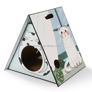 Taşınabilir basit karikatür kedi evi, kedi karton Scratcher, kapalı açık kedi oluklu karton ev küçük kediler için