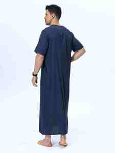 <b>Men's</b> Navy Blue Cotton <b>Thobe</b> Short Sleeve Floor Length Round Neck Loose Fit Casual Daily Wear All Seasons Solid Color - Product Image 4