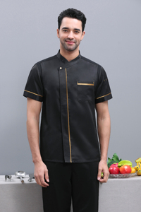 เสื้อเชฟแขนสั้นผ้าไอซ์ซิลค์ ขอบแต่งสีทอง ปิดด้วยกระดุม น้ำหนักเบา ใส่ได้ทั้งชายและหญิง สำหรับงานครัว - Product Image 4