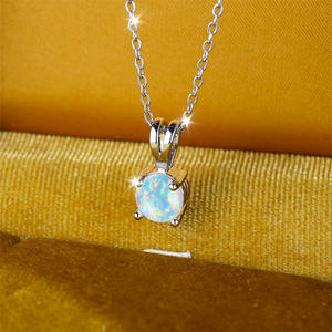 Colliers pendentifs en opale de feu bleu blanc, petite pierre ronde, pour femmes, couleur argent classique, collier de mariage, bijoux de fiançailles, cadeau - Product Image 3