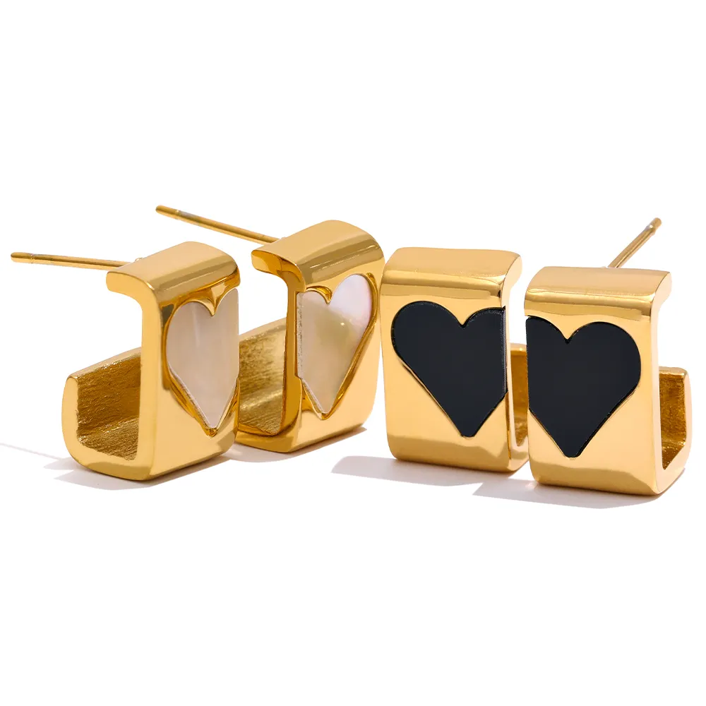 JINYOU 1312 Women 18k PVD Fashion Waterproof Charm White Shell Black Acrylic Stainless Steel Gold Heart Stud Earrings Jewelry