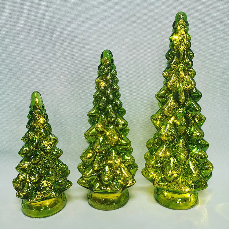Decorated Embossed Pattern Green Illuminated Lit Mercury Hand Blown Glass Christmas Small Tabletop Tree Led Light Set Indoor