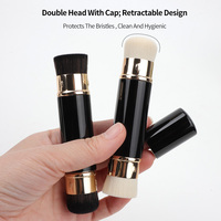 Pinceau de Maquillage Portable Premium Multifonctionnel Rétractable en Aluminium à Poils Synthétiques Double Face pour Fard à Joues et Correcteur en Bois