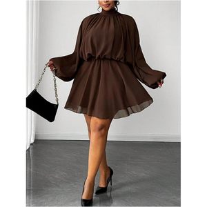Robe de cocktail grande taille pour femme, manches longues, froncée, fluide, col montant, taille empire, coupe trapèze, en mousseline, élégante, pour invitée de mariage d'automne - Product Image 5
