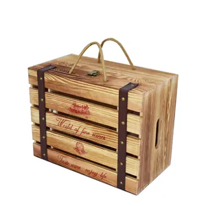 Rustic Wooden Wine Beer Packaging Gift Box with Handle and Jute Rope,Pine Shipping Crates for 6 Glass Bottles