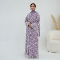 Abaya de luxe pour femmes, robe musulmane, dentelle florale brodée, ensemble 3 pièces, cardigan abaya, robe intérieure avec hijab, ensemble 3 pièces