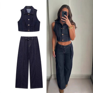 <span class=keywords><strong>Traje</strong></span> vaquero de cintura alta transpirable estilo Vintage americano europeo <span class=keywords><strong>para</strong></span> <span class=keywords><strong>mujer</strong></span>, Chaleco Corto ajustado informal con solapa, cinturón de cintura de poliéster/algodón - Product Image 4
