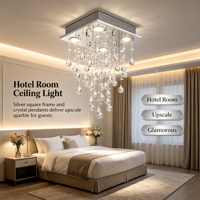 Lustre moderne en cristal en forme de goutte de pluie, plaque de plafond en acier inoxydable argenté, luminaire suspendu en cristal cascade pour salon