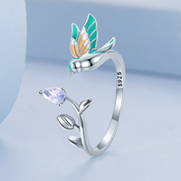 Summer Climber Crawler Bird Fashion Floral Ring Bague ouverte ajustable en argent sterling 925 pour femmes