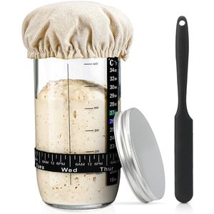 Pot en verre de 24 oz pour levain avec bande de marquage de date, thermomètre, spatule en silicone, couvercle en tissu cousu et couvercle en aluminium - Product Image 1