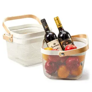 Zxwx — panier de rangement en métal, panier de rangement en maille avec manche en bois, pour fruits, pique-nique Portable à la mode, vente en gros - Product Image 1