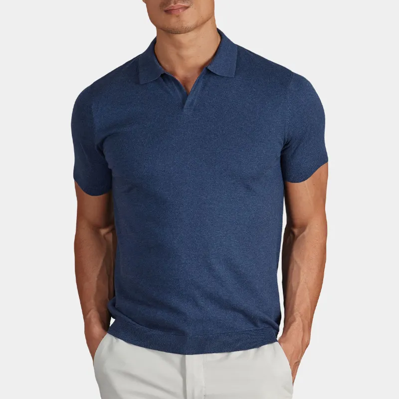Camisa polo masculina de manga curta de algodão de algodão de peso médio com botão bordado com logotipo personalizado