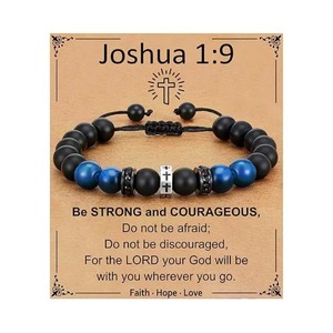 Bracciale Intrecciato con Perline in Occhio di <span class=keywords><strong>Tigre</strong></span> Blu Opaco, Bracciale Sportivo con Croce, Gioiello Regalo per Uomo - Product Image 4