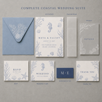 Ensemble d'invitations de mariage sur le thème nautique, motif coquillages et étoiles de mer en ligne artística bleue, papeterie de mariage personnalisée sur le thème côtier et océanique
