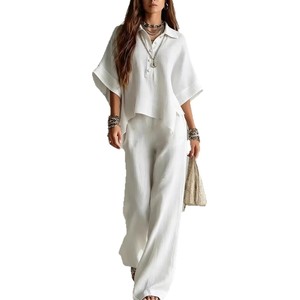 Ensemble deux pièces pour femmes, chemise à manches courtes et pantalon ample, couleur unie, costume décontracté, Smlxl2xl3xl4xl5xl, Europe et Amérique - Product Image 5