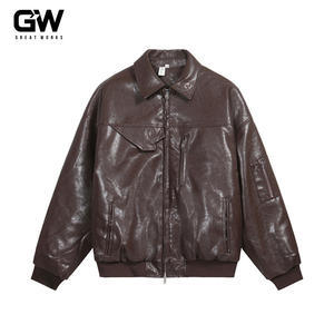 ユニセックスヘビー級キルティングレザーパーカメンズ冬用防風スタンド襟寒冷地カラーブロックコートルーズプレーン染めODM - Product Image 4