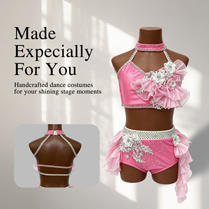 Traje de Danza Lírica Rosa con Cuello Halter, 2 Piezas, con Pedrería y Volantes, para Niñas, Danza Contemporánea, Jazz, Pole Dance - Product Image 1