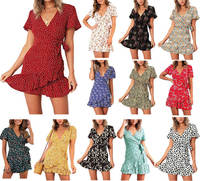 Nouvelle Robe Courte d'Été Tissée à Col en V, Imprimé Floral Vintage à Pois, Volants et Impression Numérique, Style Décontracté