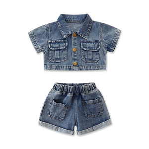 Conjunto de Ropa de Verano para Niñas, Boutique de Moda, Pantalones Cortos de Mezclilla de Manga Corta, Ropa para Niños Pequeños - Product Image 1