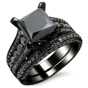 Black Gold Plated <b>Square</b> Ring <b>Set</b> With Zirconia Claw Setting For Gift Jewelry - Product Image 1