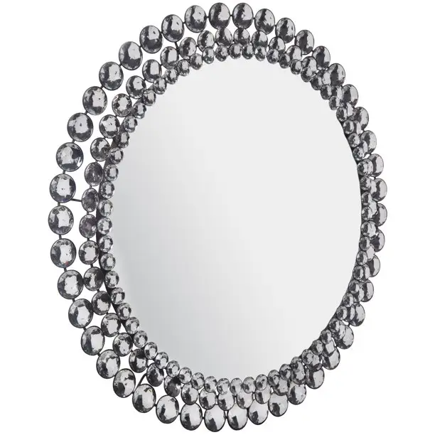 Wall Mirror Silver Beads Living Room Bathroom Entryway Hanging Mounted Accent Makeup Round Metal Jeweled Large Luxury Modern