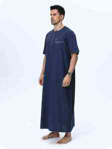 <b>Men's</b> Navy Blue Cotton <b>Thobe</b> Short Sleeve Floor Length Round Neck Modest Prayer Robe All Seasons Solid Color Loose Fit - Product Image 1