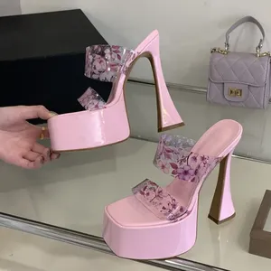 Sandales compensées transparentes à imprimé floral en PVC pour l'été, sexy, à bout carré, talons épais, chaussures de soirée tendance - Product Image 1