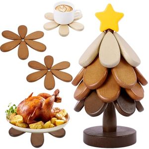 Sous-plats en bois pour plats chauds, ensemble de 4 sous-plats en forme de sapin de Noël pour casseroles chaudes, bols, théières, boissons, assiettes - Product Image 1