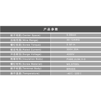 Bloc de bornes de style européen à espacement de 5,08 mm, 20 A, 8 pôles, connexion par vis pour dispositifs de contrôle industriels