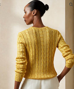 Golden Yellow <b>Cable</b> <b>Knit</b> Round Neck Casual Women's <b>Sweater</b> with Front Logo - Product Image 3