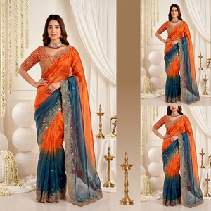 Orange Blue Gradient Silk Saree Embroidered <b>Blouse</b> for Wedding Wear Women Traditional Indian <b>Sari</b> Floor-Length Sun Protection - Product Image 3