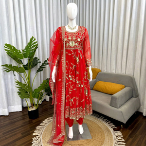 Conjunto de Salwar Anarkali Rojo Bordado con Dupatta y Revestimiento de Red, Vestido de Fiesta para Mujeres Indias y Pakistaníes - Product Image 1