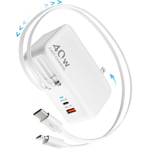 Cargador de Nitruro de Galio de 40W con Cables Retráctiles Dobles, Carga Rápida PD, Tres Puertos USB-A/USB-C, Compatible con Carga de Viaje - Product Image 1