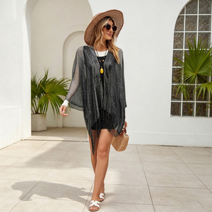 Women's Collarless Loose Long Mesh Cover up Shawl Fringe <b>Edge</b> Beach <b>Cardigan</b> Lightweight Open Front Vacation Outerwear - Product Image 3