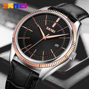 Skmei Men's Quartz Watch Black Leather Strap Analog Date Display Business Casual Watch 11mm Thickness 30M Waterproof - Product Image 1