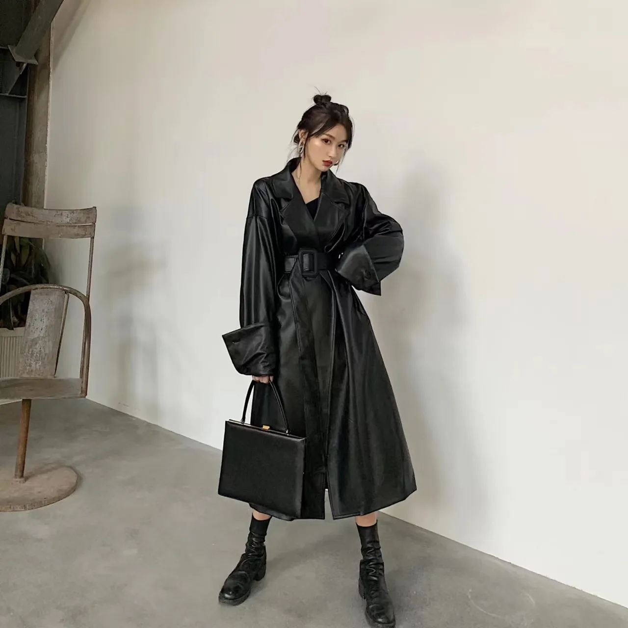 Korean designer Long Oversized Black Faux Leather Trench Coat for Women Long Sleeve Belt Double Breasted overcoats 91350