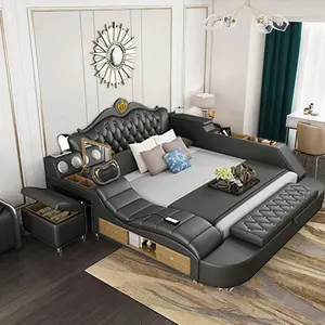 Cama inteligente multifuncional de couro, cama king size, cama, com carregador sem fio, massageador, móveis para quarto, 2021