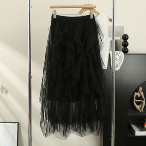 महिला का टीटू मेश स्कर्ट कैजुअल सरल रूफल्स पैचवर्क कोरियन शुद्ध रंग गुलाबी परियों के लिए गुलाबी परिश्रमी केक स्कर्ट - Product Image 3