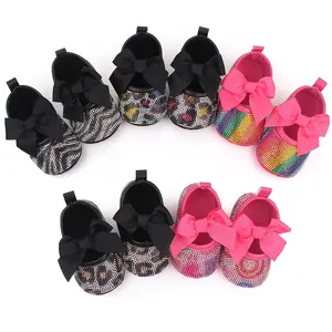 Hot Selling Bling Baby Shoes Casual Girls Pre Walker Flats Sparkly Bow Diamonds Princess Dress Anti-Slip Infant Crib Baby Shoes