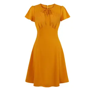 Kadın yaz elbisesi toptan kısa kollu 50s Vintage turuncu bir çizgi askı elbise o-boyun rahat elbise