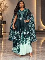 Nouvelle Arrivée 2026 – Robe Longue Plissée Élégante Noire Brodé et Imprimé avec Manches Cape pour Femme, Idéale pour Mariage et Soirée