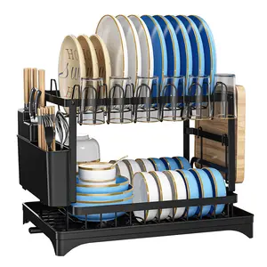 Двухъярусная Складная подставка для посуды, подставка для посуды, большая подставка для сушилки посуды, подставка для посуды со сливным лотком