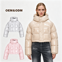 Veste d'hiver chaude matelassée à capuche courte pour femme, personnalisée OEM, avec poches zippées, effet nacré brillant